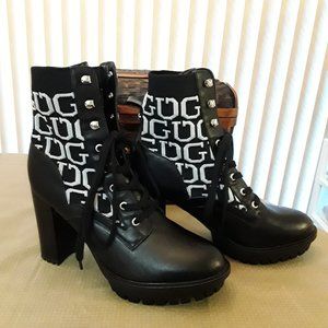 Womens GUESS Grows-R Ankle Boots Knit Logo Platform Black White SZ 11